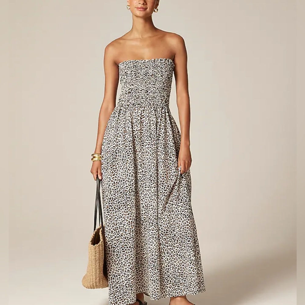 J Crew Smocked Maxi Dress NWT Cotton Voile Black Brown Leopard Print XL